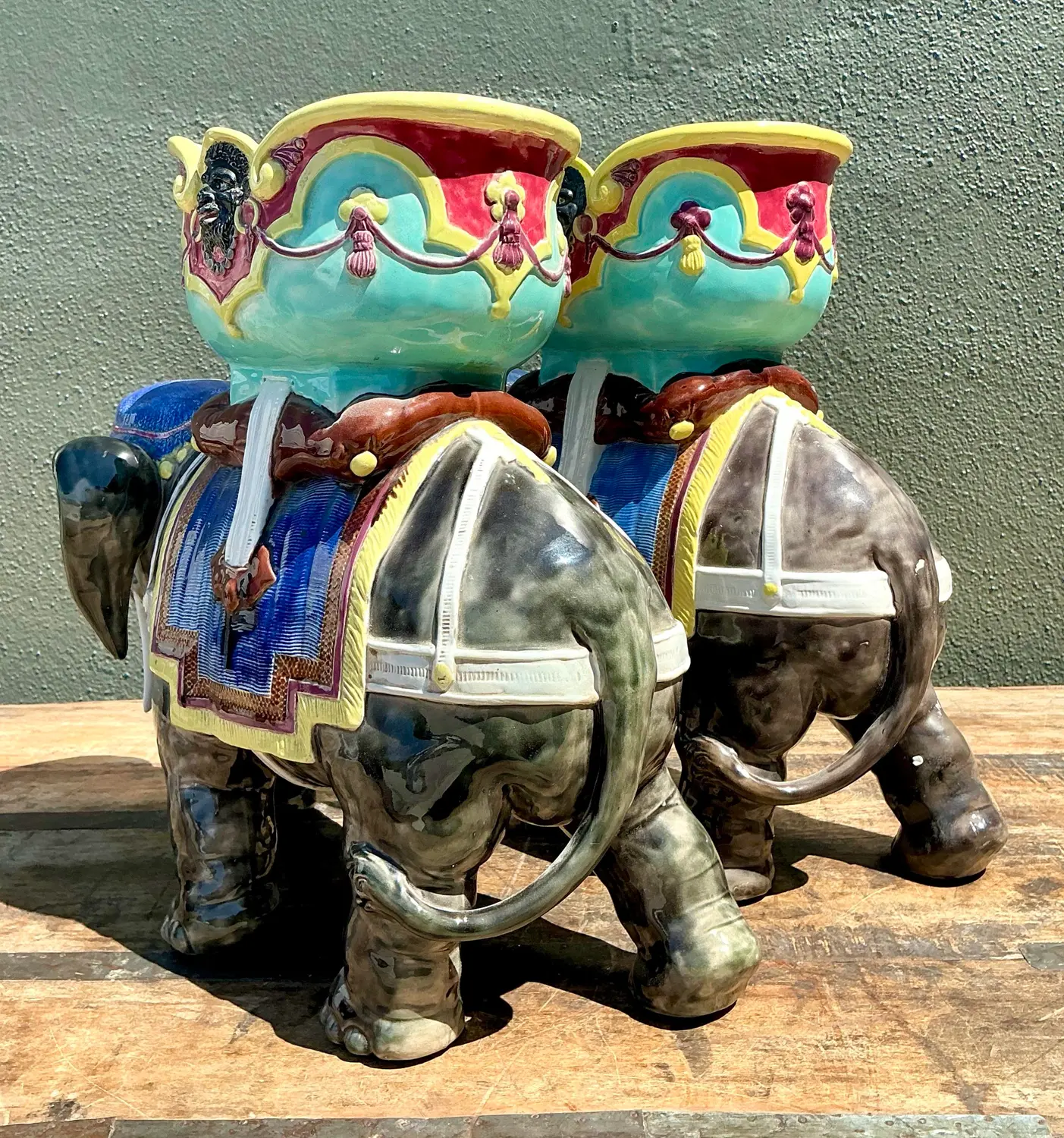 Vintage Glazed Ceramic Polychromed Elephants - A Pair