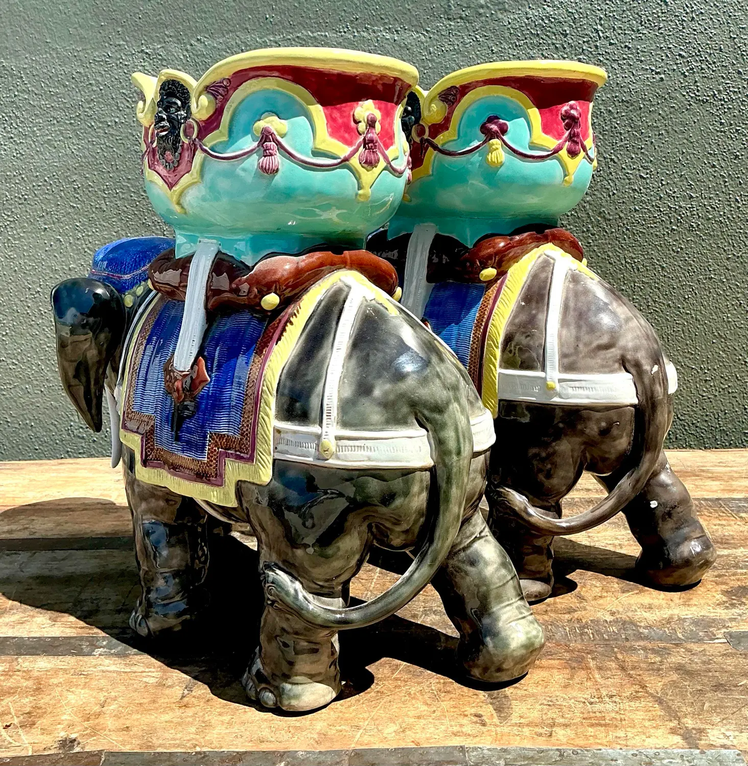 Vintage Glazed Ceramic Polychromed Elephants - A Pair - Detail view