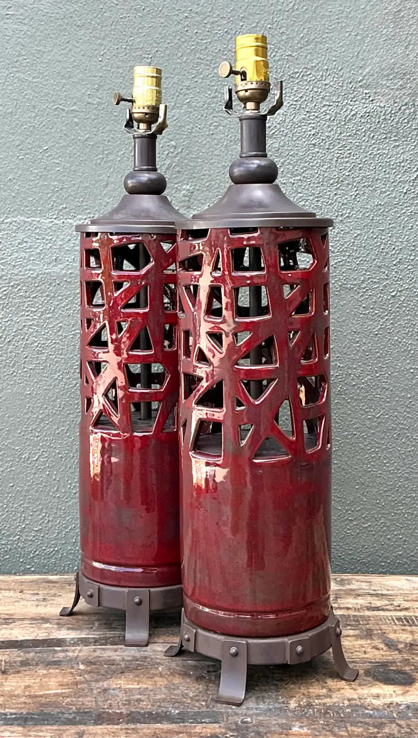 Vintage Glazed Ceramic Table Lamps - A Pair - Side view