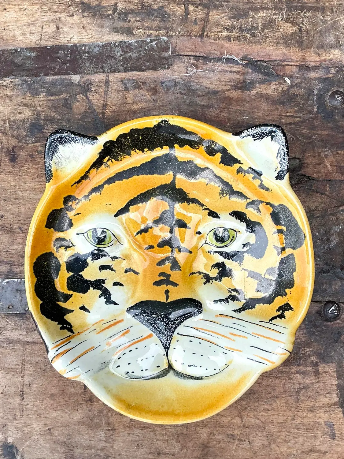 Vintage Glazed Ceramic Tiger Plate - Back view