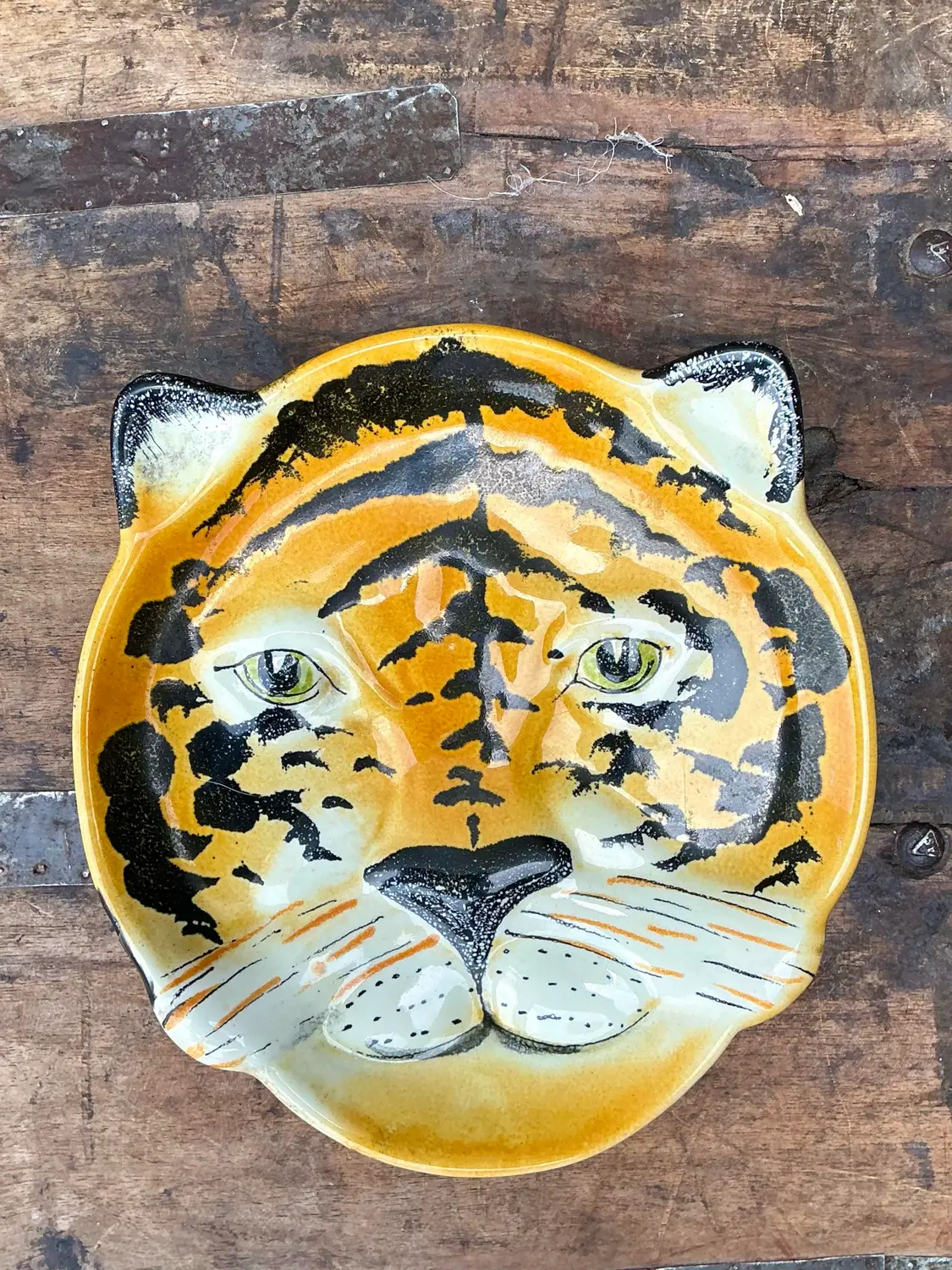 Vintage Glazed Ceramic Tiger Plate - Top view