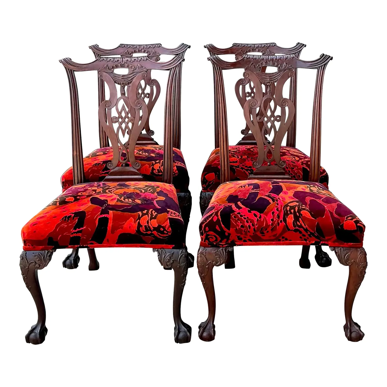Vintage Hand Carved Chippendale Dining Chairs in 80s Yves St Laurent Printed Velvet - Set of 4