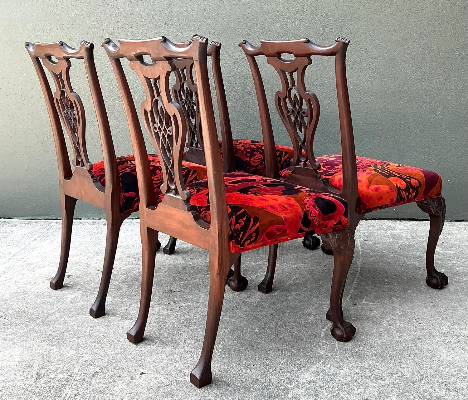 Vintage Hand Carved Chippendale Dining Chairs in 80s Yves St Laurent Printed Velvet - Set of 4 - Detail view