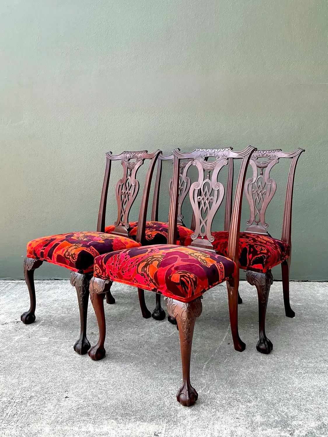 Vintage Hand Carved Chippendale Dining Chairs in 80s Yves St Laurent Printed Velvet - Set of 4 - Side view