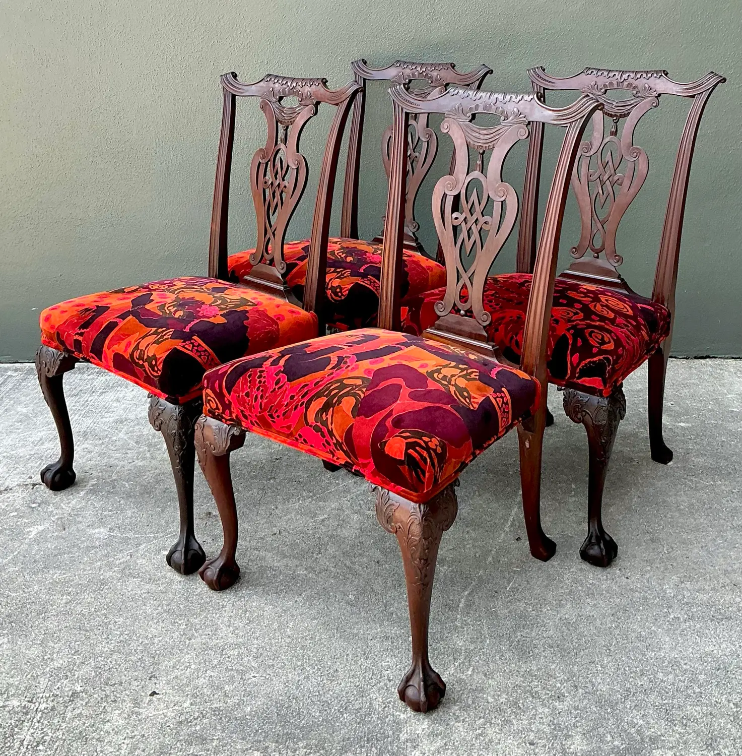 Vintage Hand Carved Chippendale Dining Chairs in 80s Yves St Laurent Printed Velvet - Set of 4 - Back view