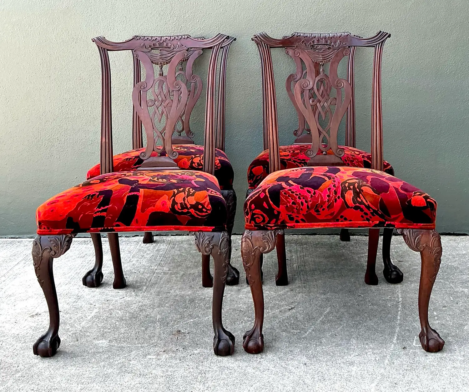 Vintage Hand Carved Chippendale Dining Chairs in 80s Yves St Laurent Printed Velvet - Set of 4 - Top view