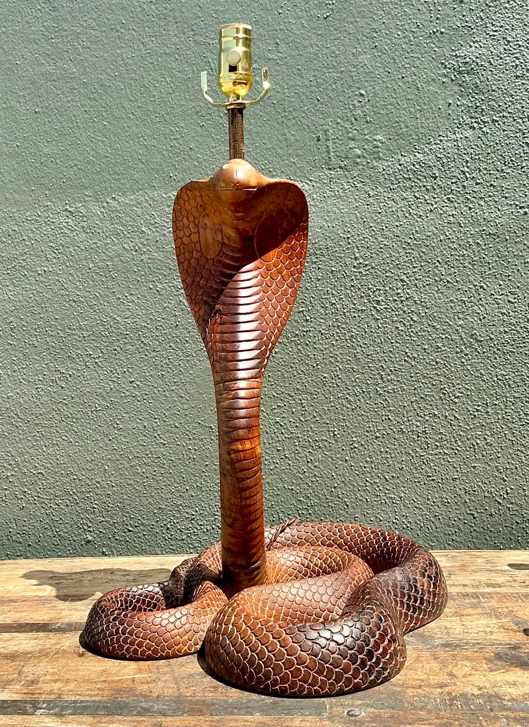 Vintage Hand Carved Wood Cobra Lamp - Detail view
