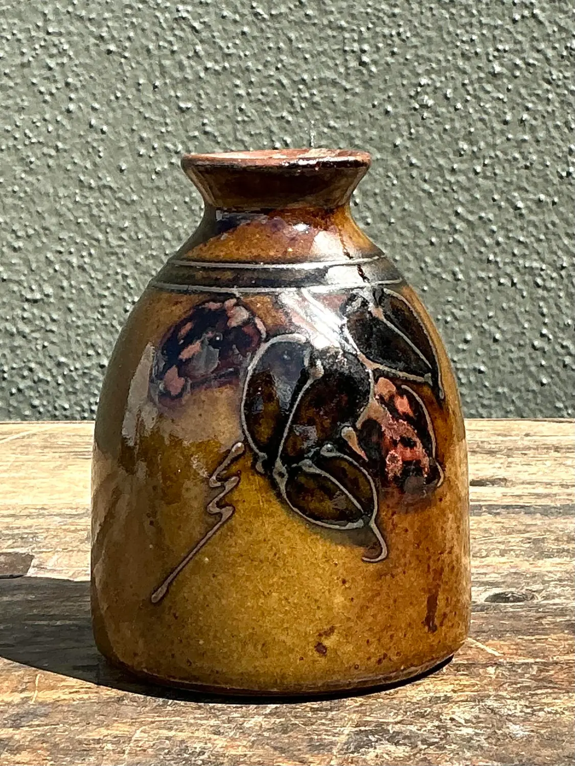 Vintage Hand Painted Leaves Studio Pottery Vase