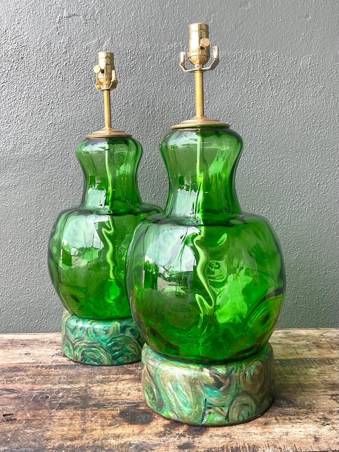 Vintage Hand Painted Malachite Plinth Glass Lamps - A Pair - Top view