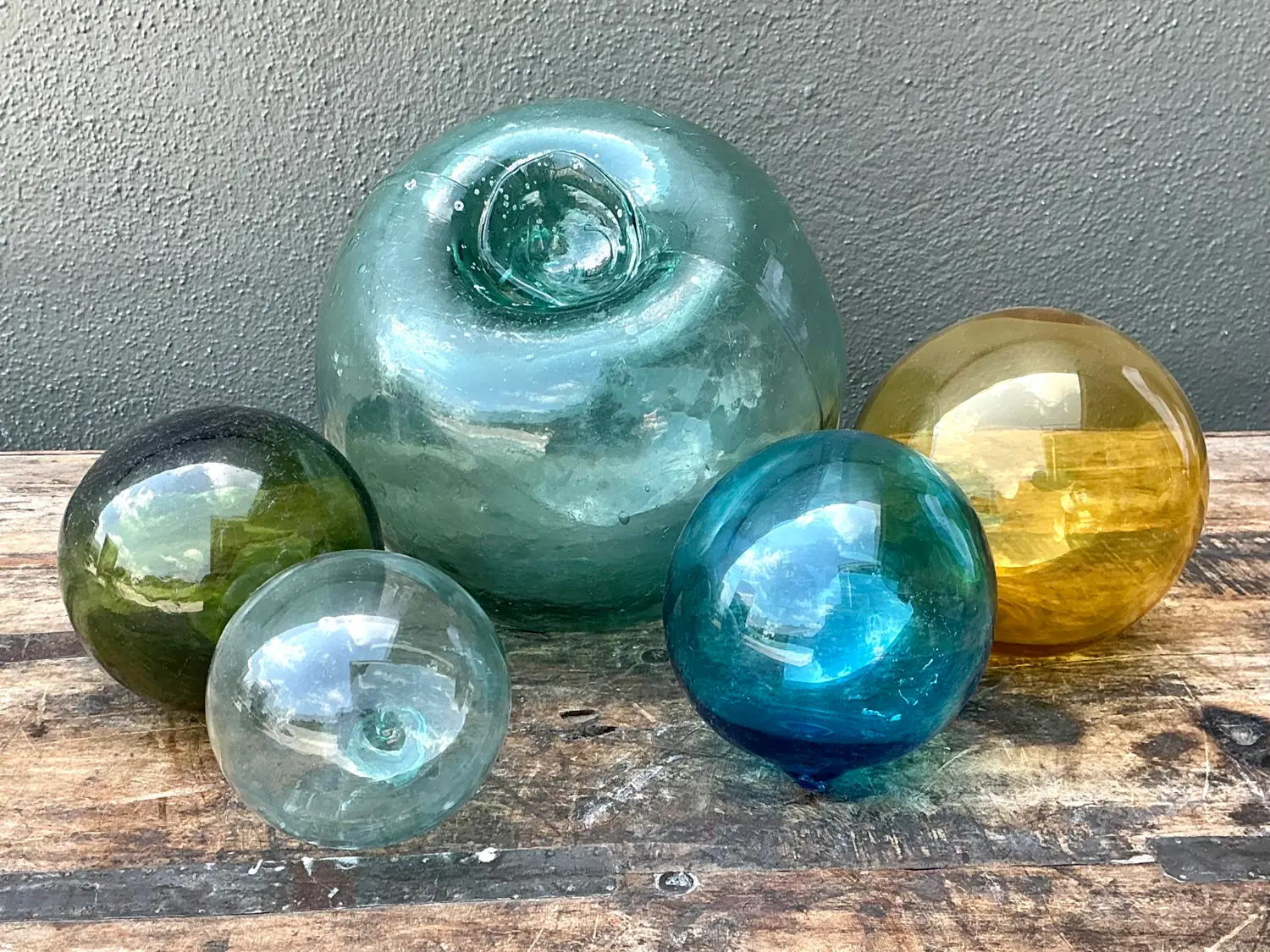 Vintage Japanese Glass Buoys - Set of 5 - Side view