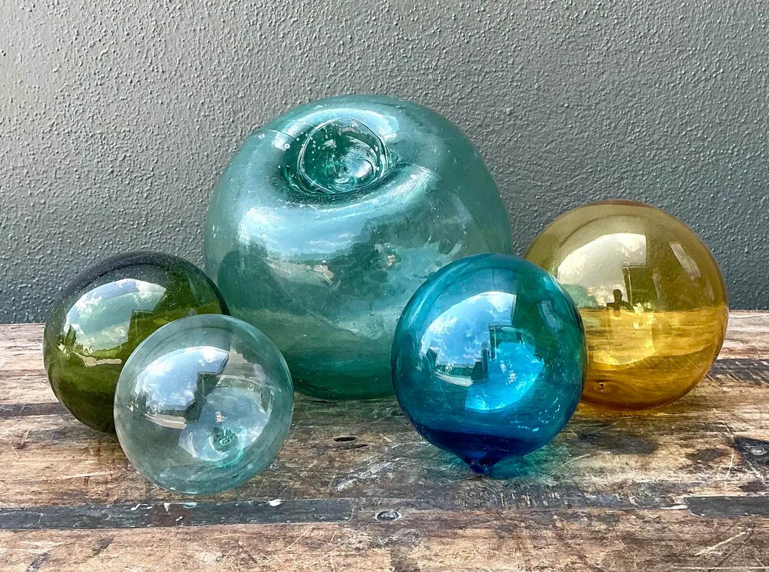 Vintage Japanese Glass Buoys - Set of 5 - Top view