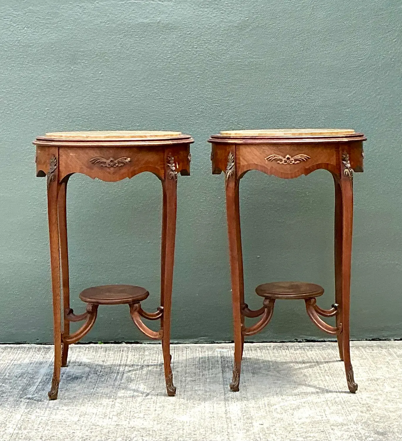Vintage Louis XV Stone Top Side Tables - A Pair - Back view