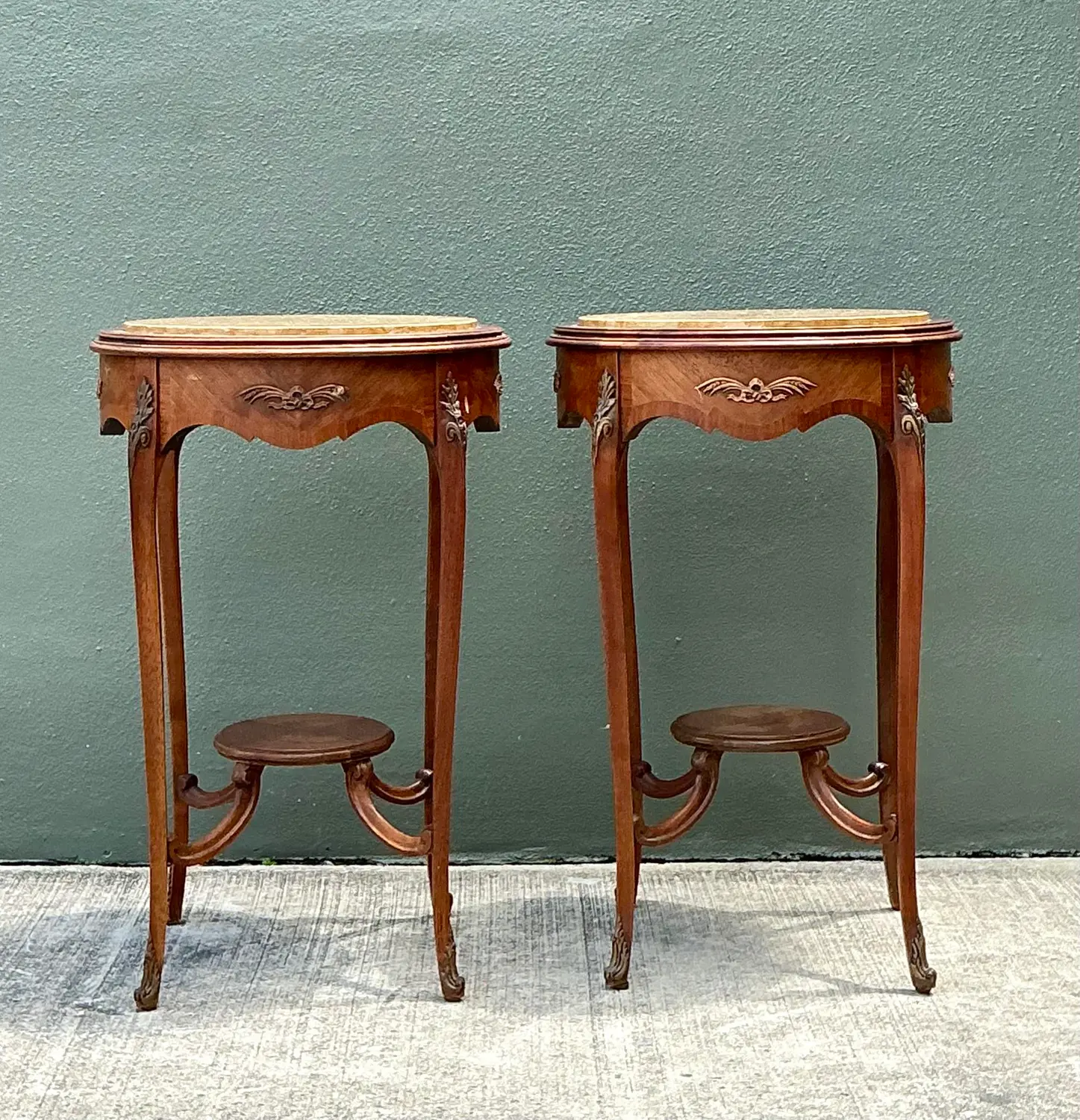 Vintage Louis XV Stone Top Side Tables - A Pair - Top view
