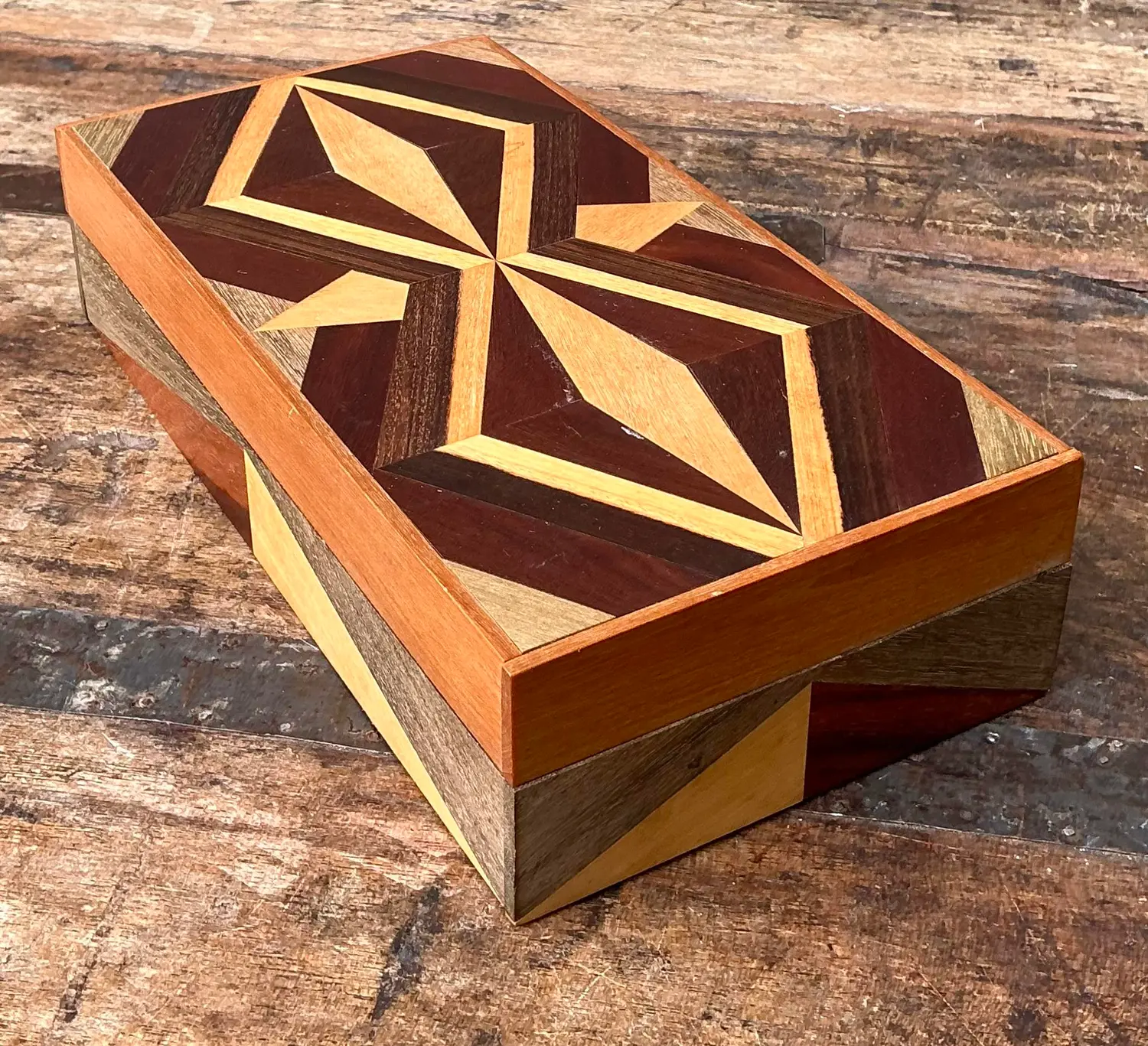 Vintage Marquetry Wood Diamond Box - Side view