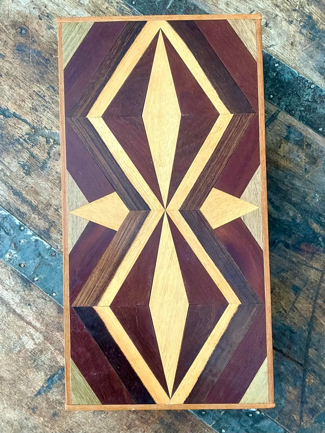 Vintage Marquetry Wood Diamond Box - Back view