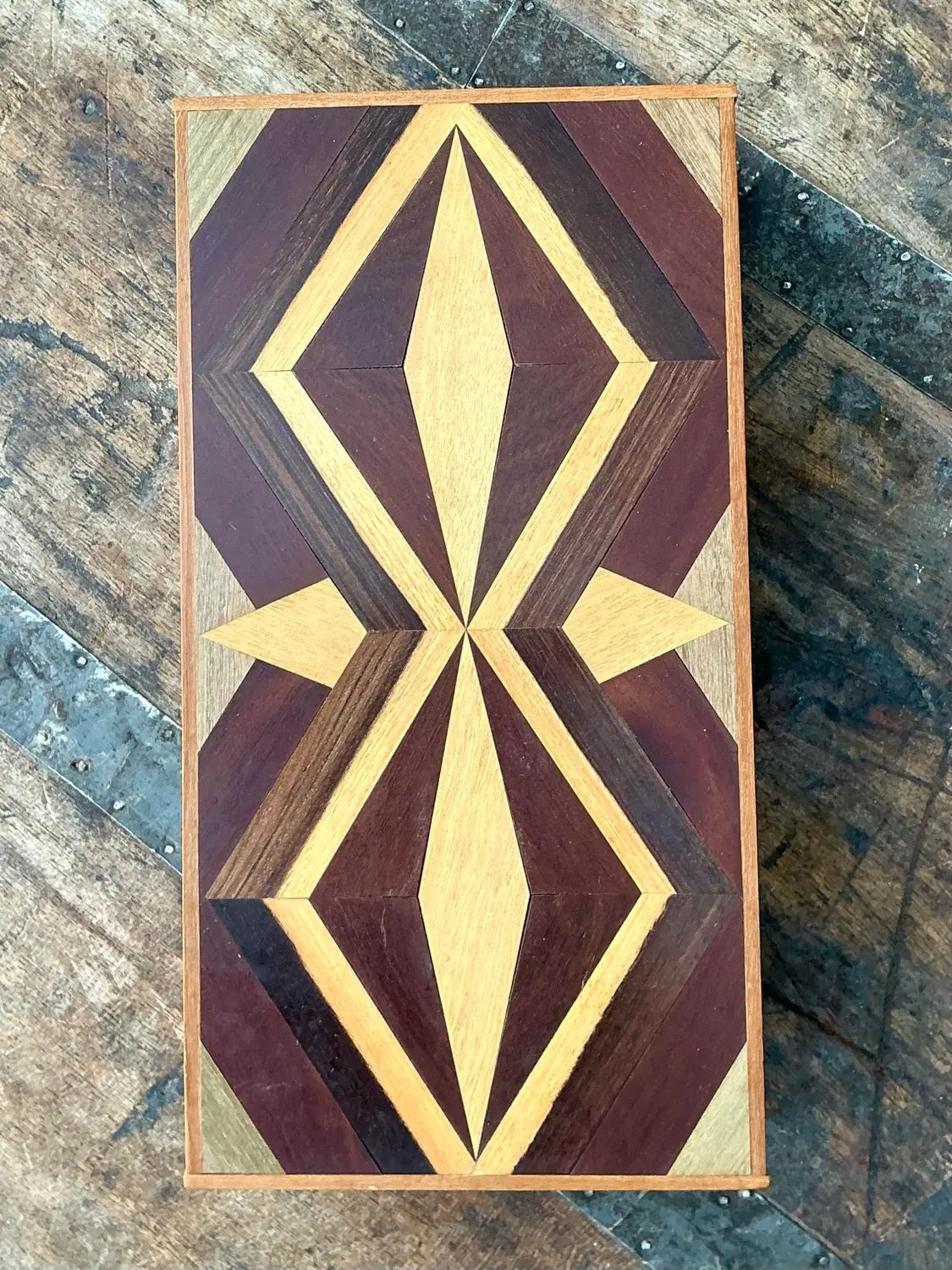 Vintage Marquetry Wood Diamond Box - Top view