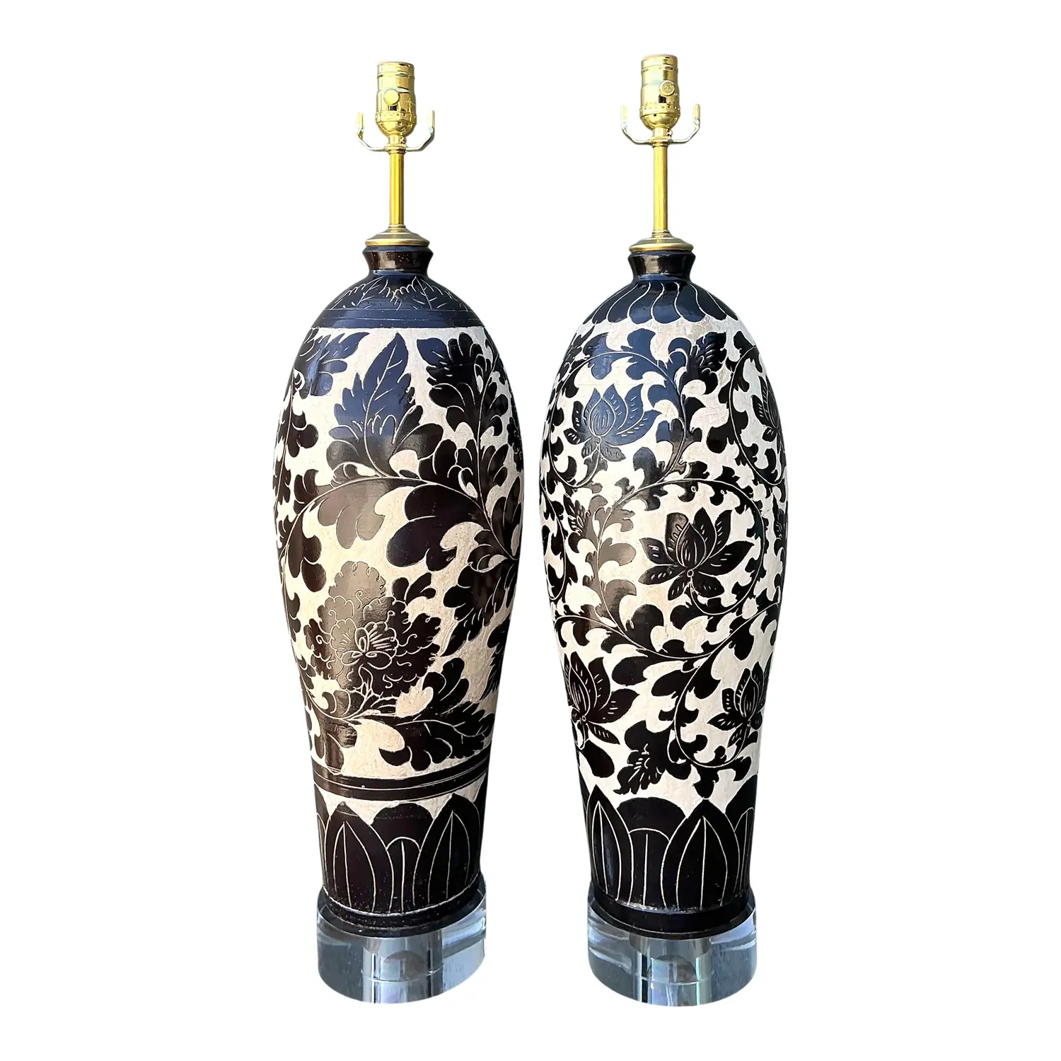 Vintage Matte Glazed Ceramic Floral Lamps - A Pair