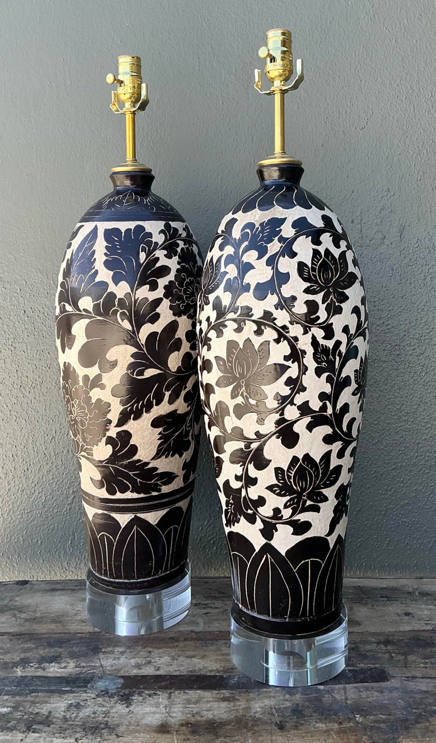 Vintage Matte Glazed Ceramic Floral Lamps - A Pair - Side view