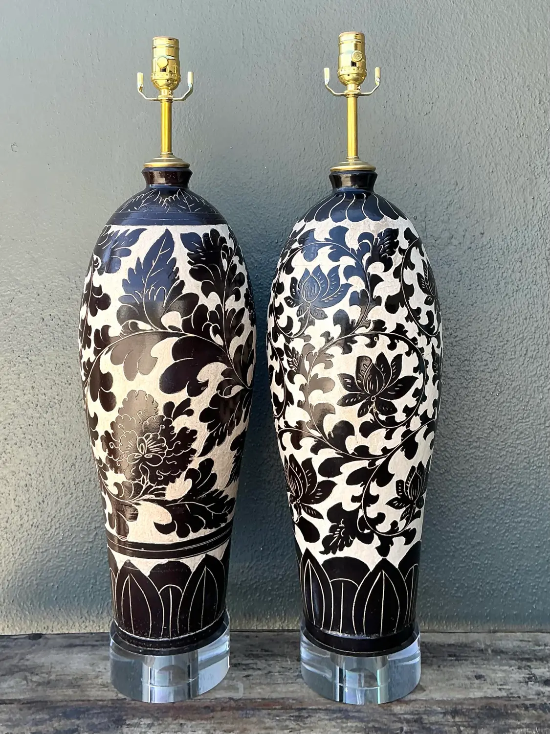 Vintage Matte Glazed Ceramic Floral Lamps - A Pair - Back view