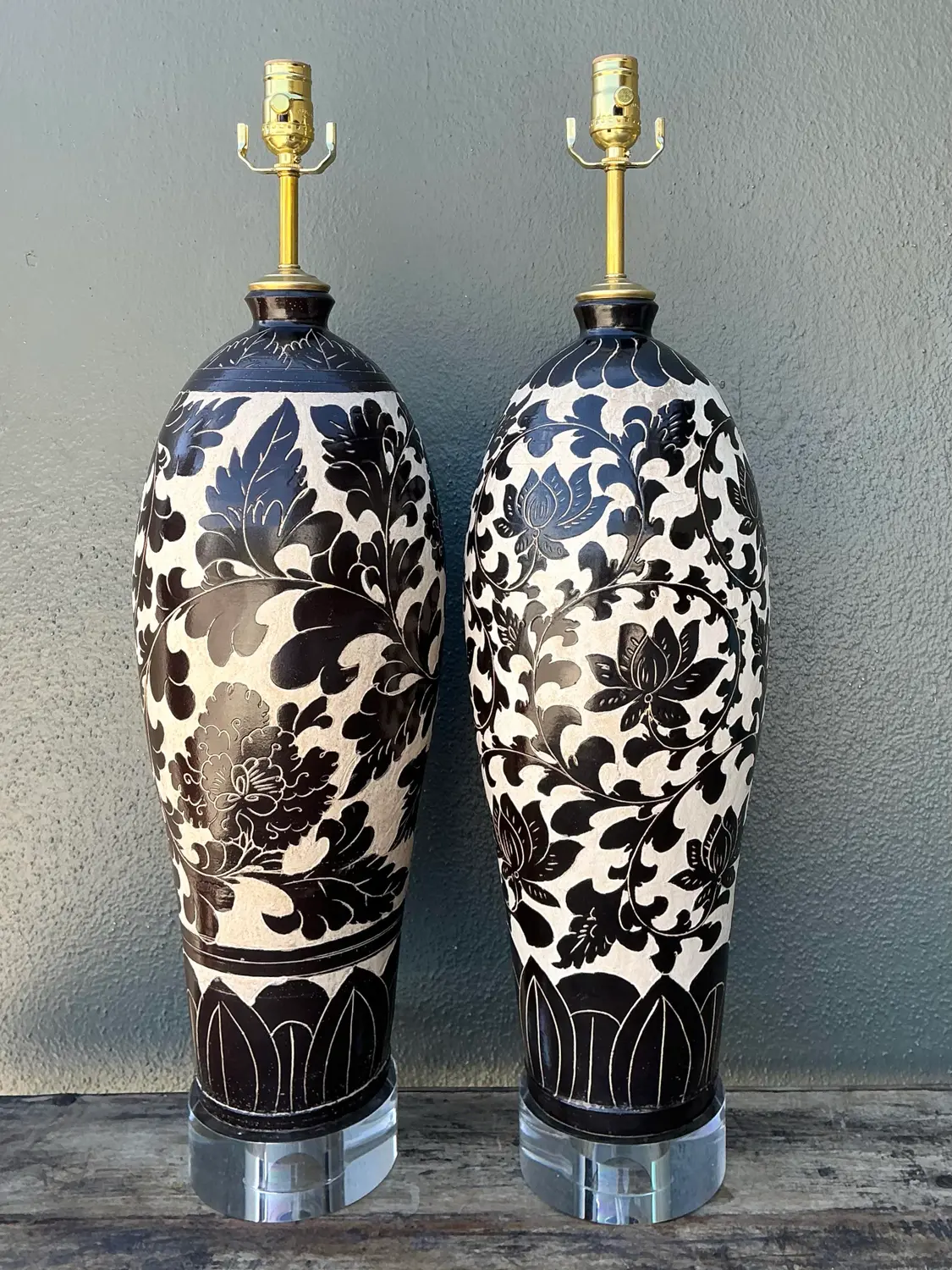 Vintage Matte Glazed Ceramic Floral Lamps - A Pair - Top view