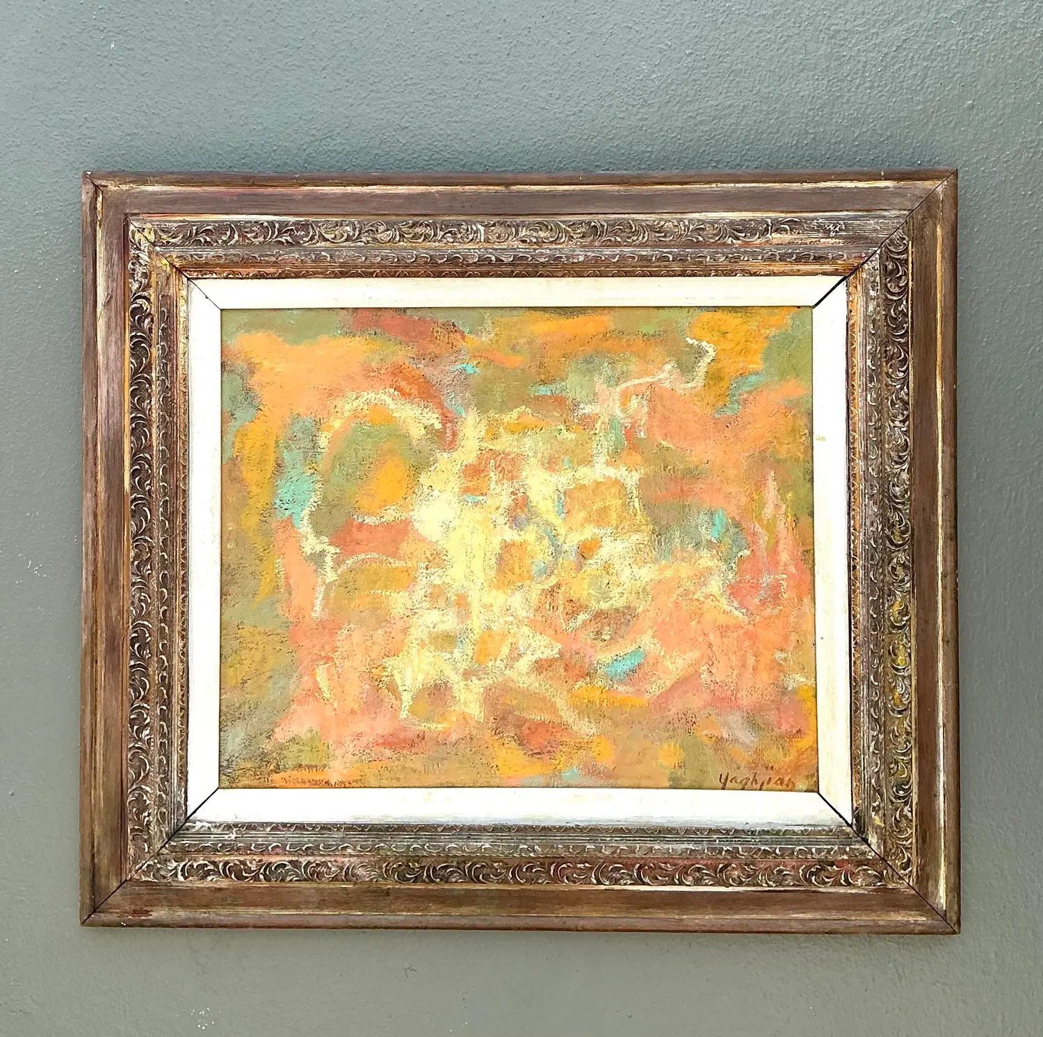 Vintage MCM Original Abstract Oil on Canvas - Canvas, 31W x 27H - Top view