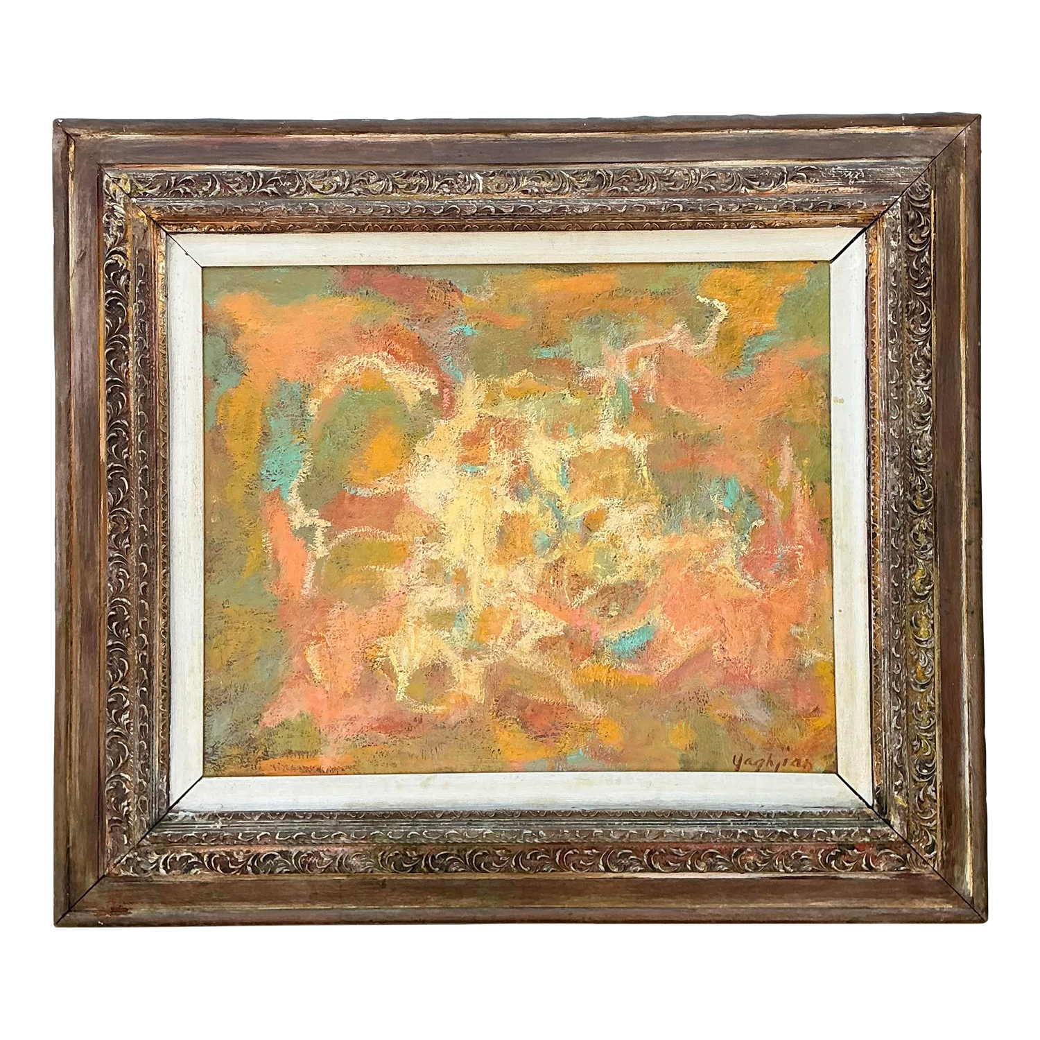Vintage MCM Original Abstract Oil on Canvas - Canvas, 31W x 27H - Detail view