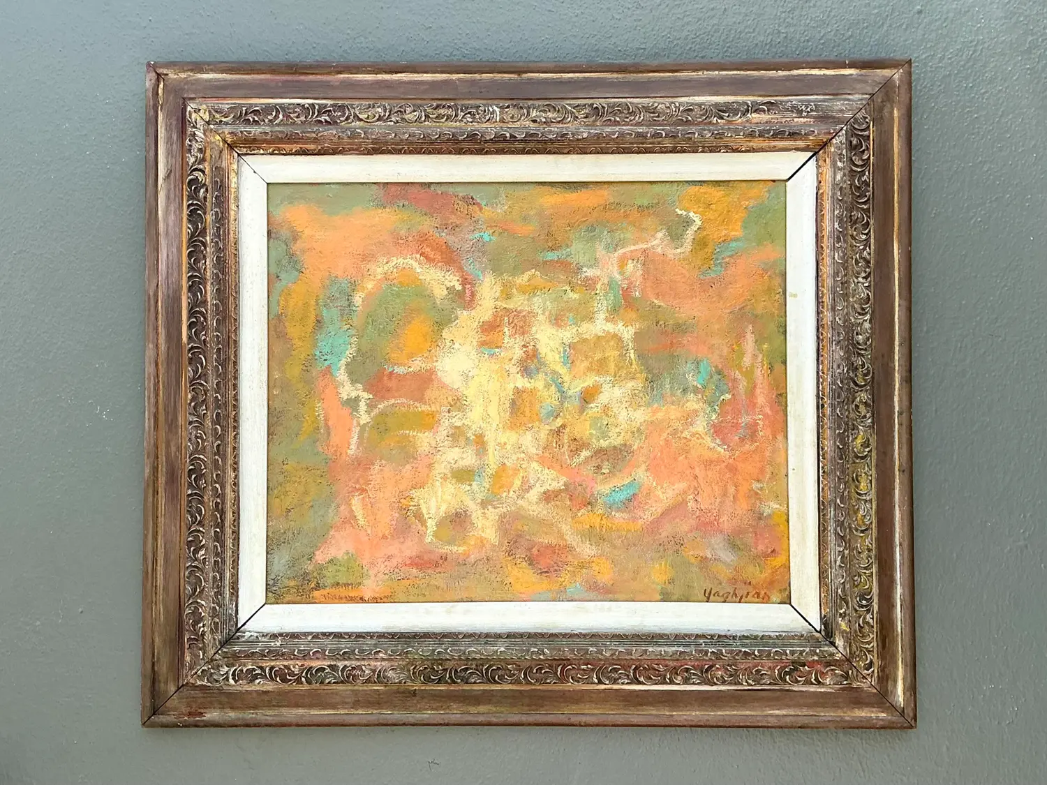 Vintage MCM Original Abstract Oil on Canvas - Canvas, 31W x 27H - Back view