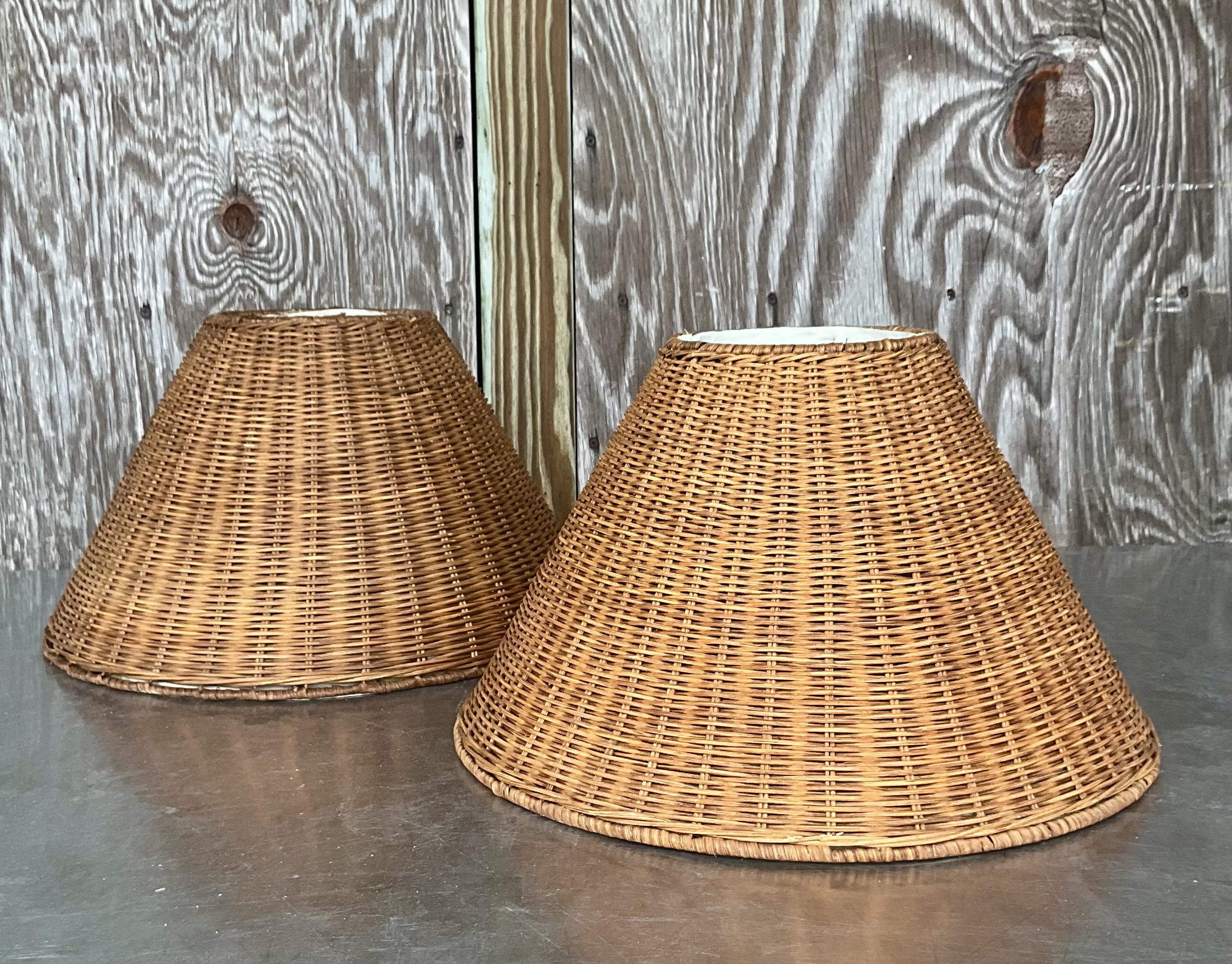 Vintage Medium Woven Rattan Lampshades- a Pair - Back view