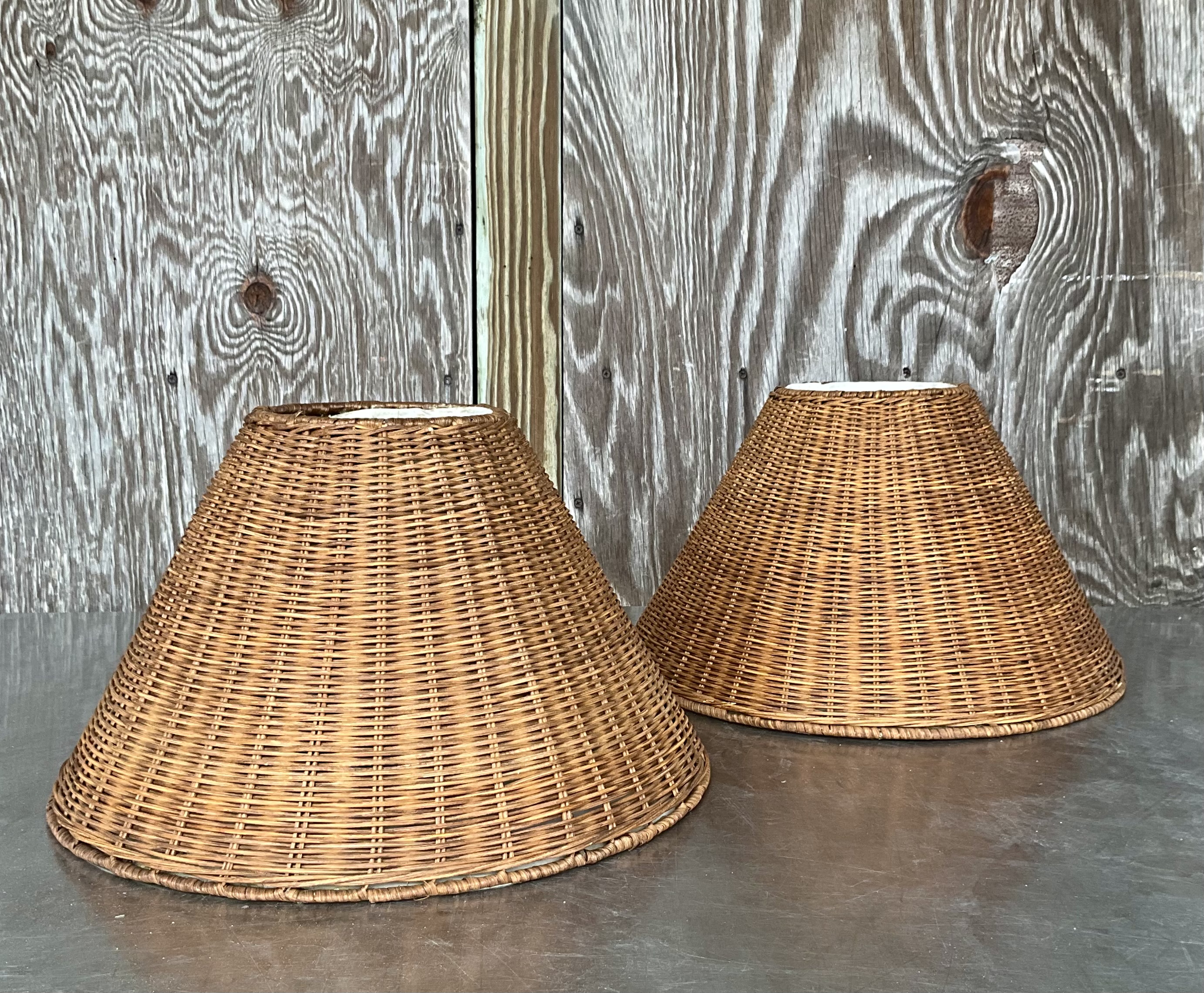 Vintage Medium Woven Rattan Lampshades- a Pair - Top view