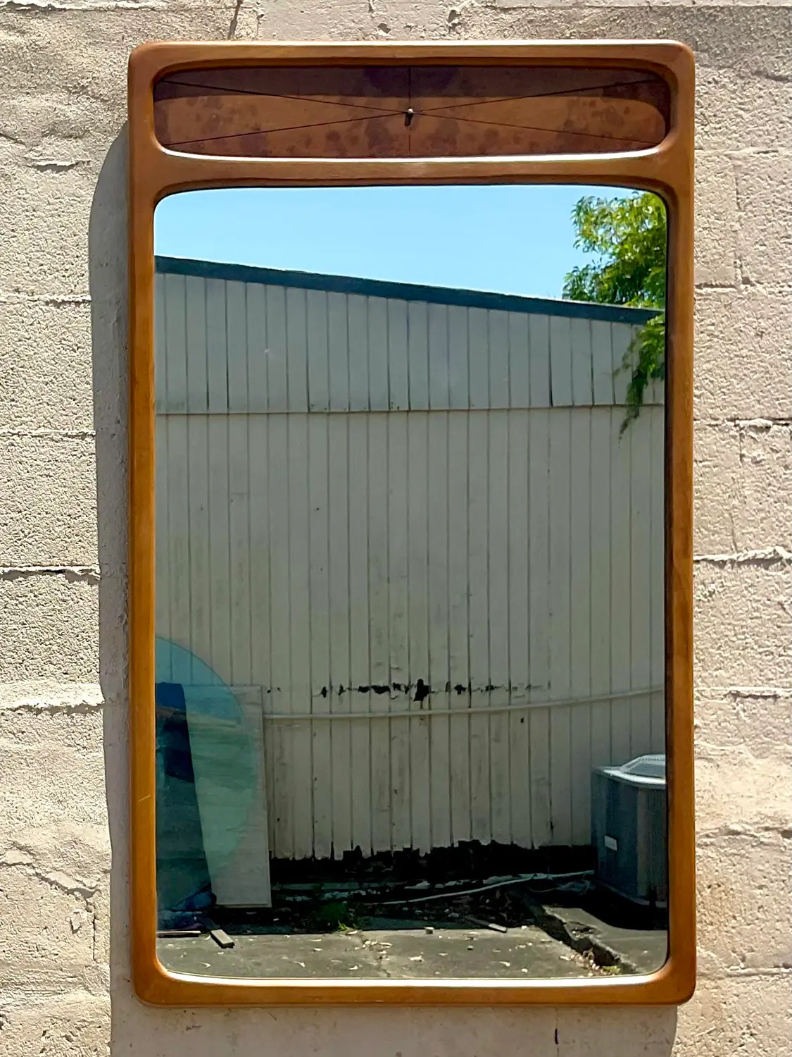 Vintage Mid-Century Modern Burl Wood Mirror - Mirrored Glass, 32.25W x 55.25H - Side view