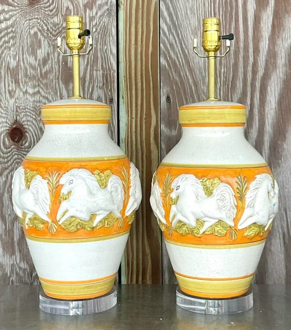 Vintage Mid-Century Modern Glazed Ceramic Prancing Horse Lamps - a Pair - Side view