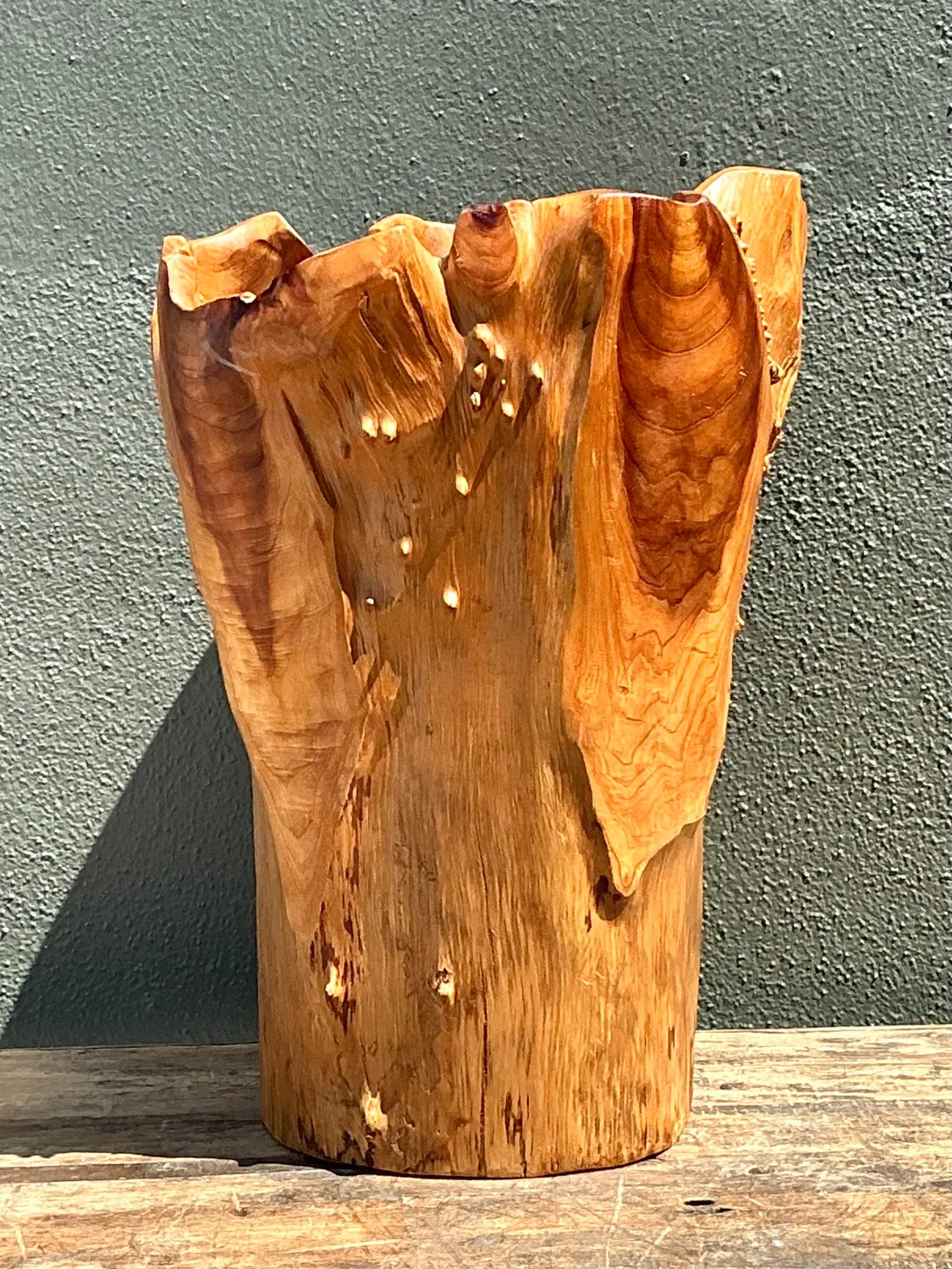 Vintage Monumental Carved Wood Vase - Side view