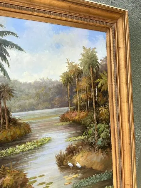 Vintage Monumental Original Everglades Oil Painting on Canvas - Side view