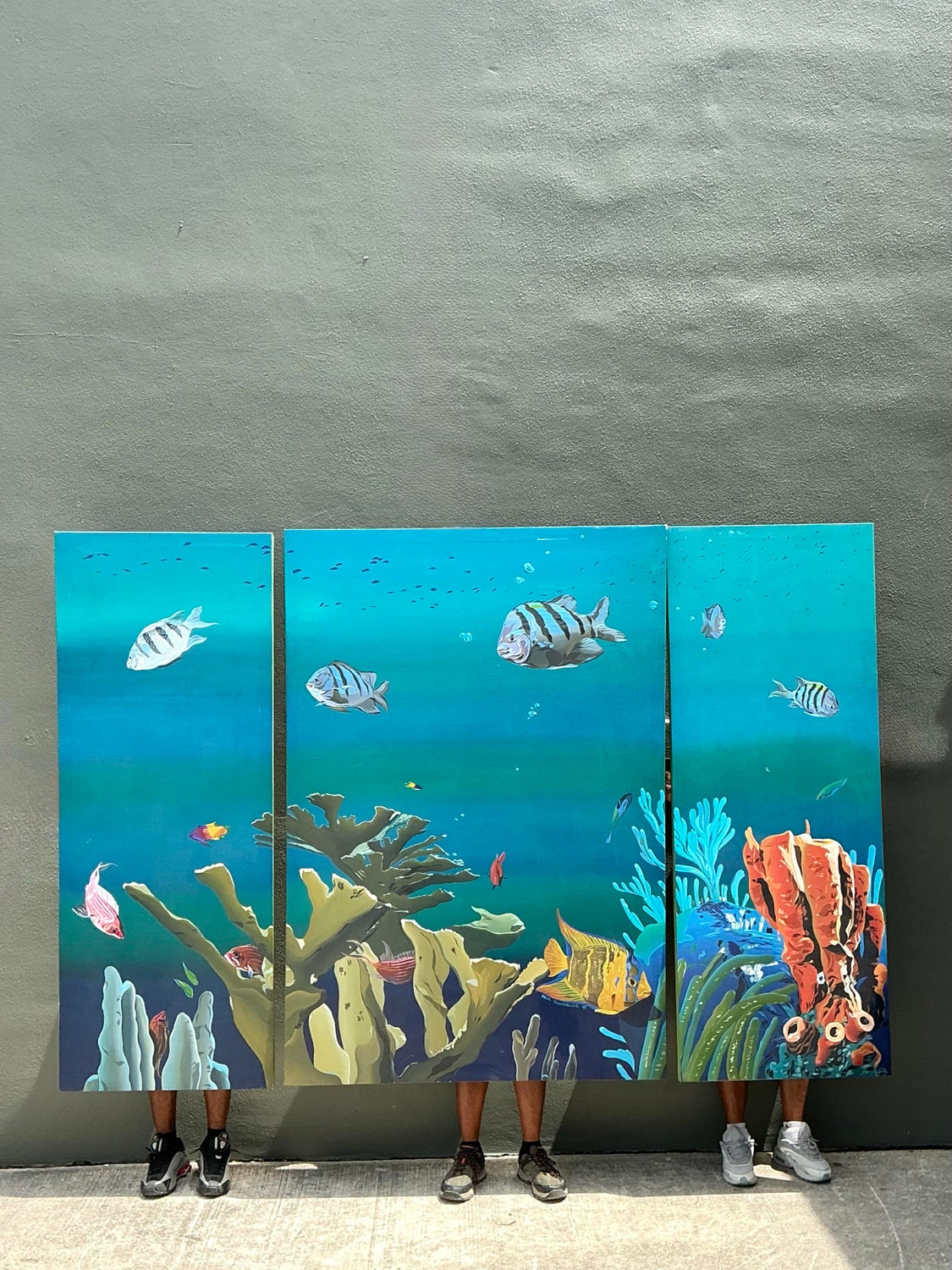 Vintage Monumental Paul Youngblood Original Undersea Oil Tryptic on Canvas