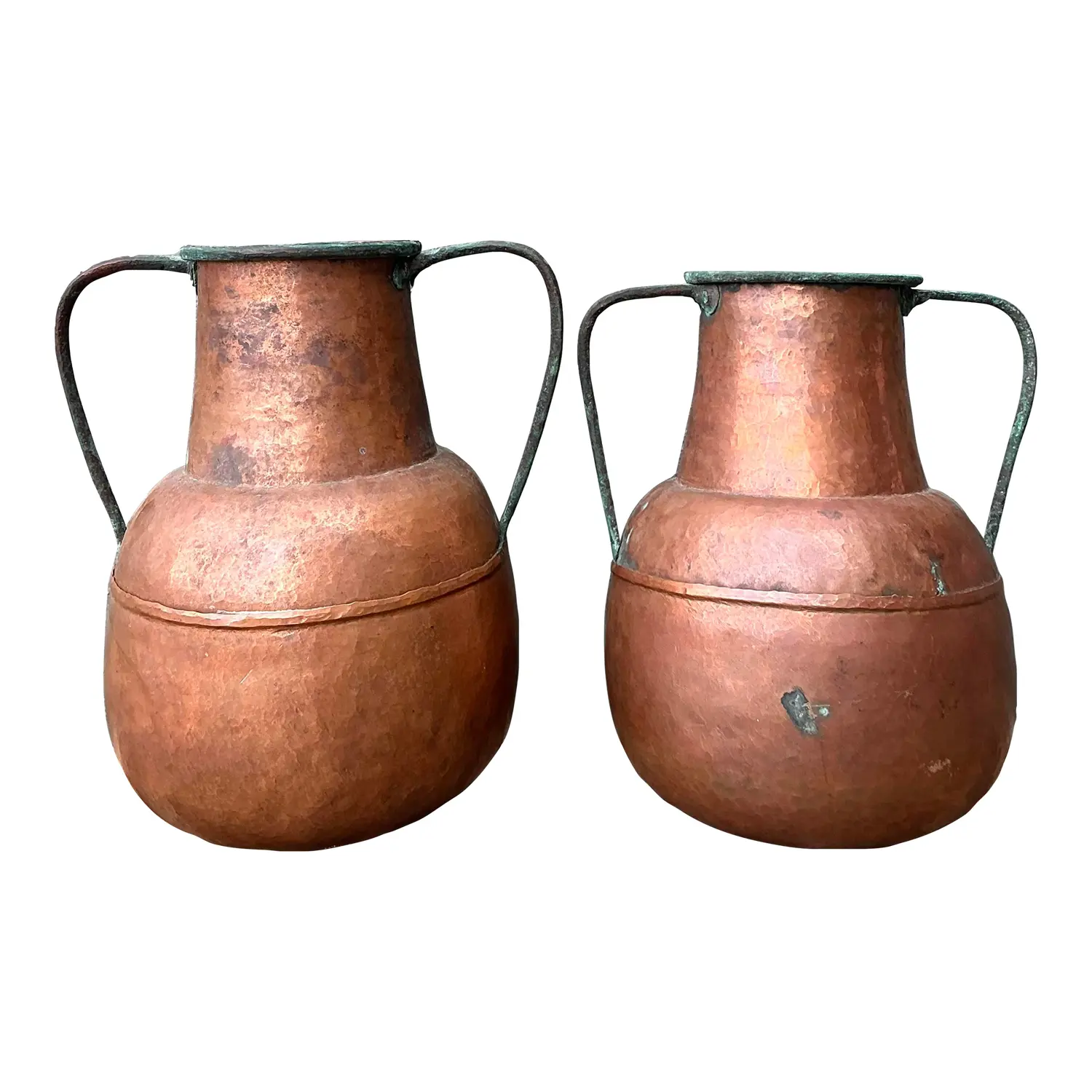 Vintage Moroccan Patinated Hammered Copper Water Jugs - A Pair