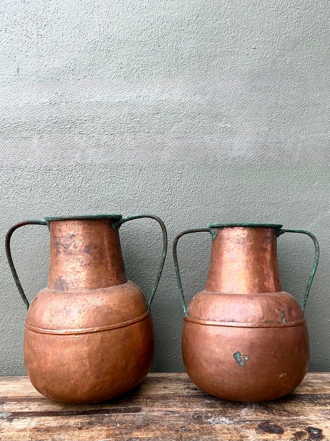 Vintage Moroccan Patinated Hammered Copper Water Jugs - A Pair - Detail view