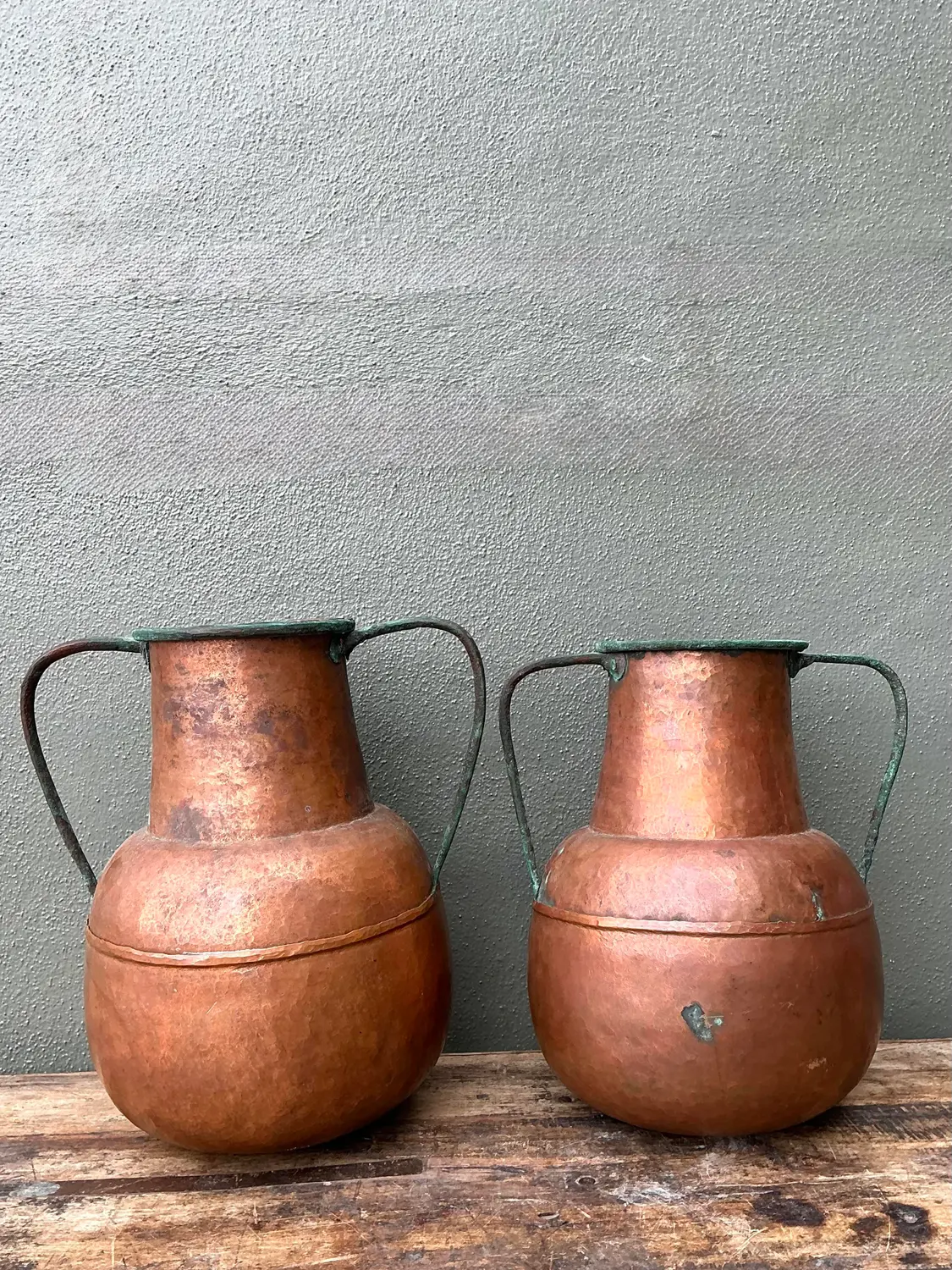 Vintage Moroccan Patinated Hammered Copper Water Jugs - A Pair - Side view
