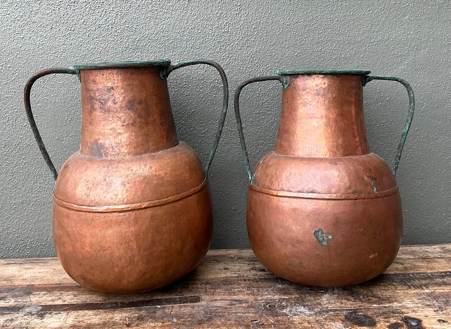 Vintage Moroccan Patinated Hammered Copper Water Jugs - A Pair - Back view