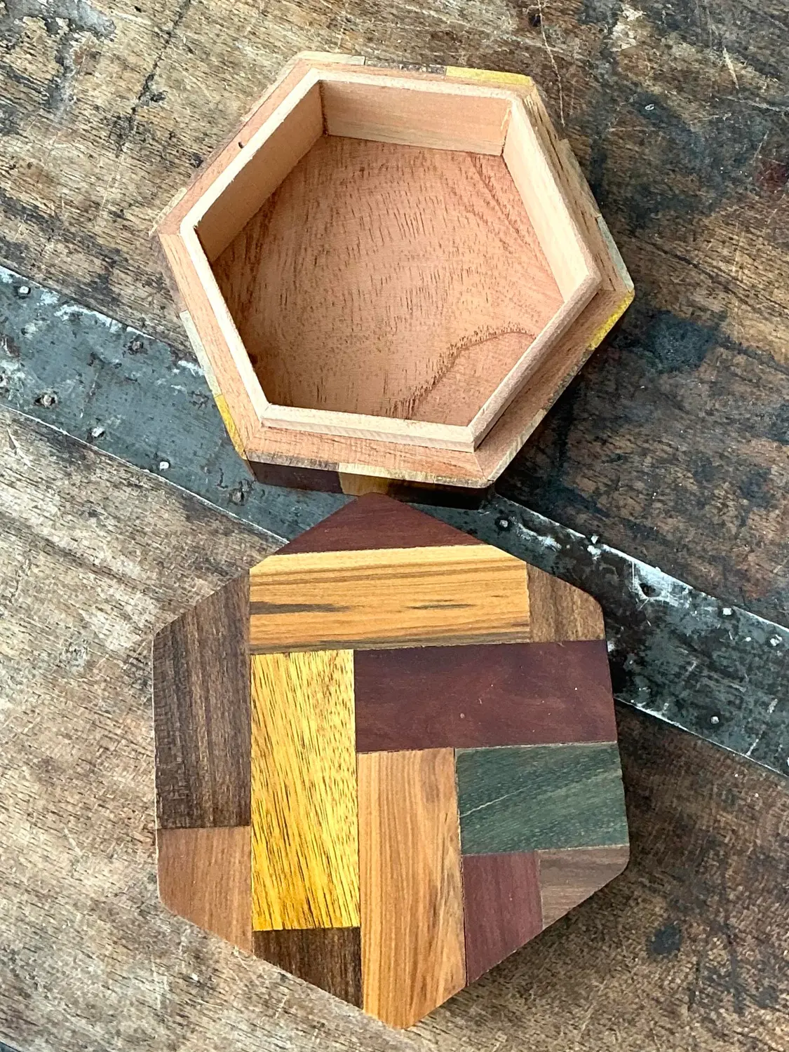 Vintage Octagon Marquetry Hexagon Box