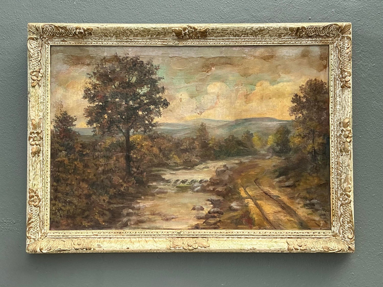 Vintage Original Landscape Oil Painting on Canvas - Top view