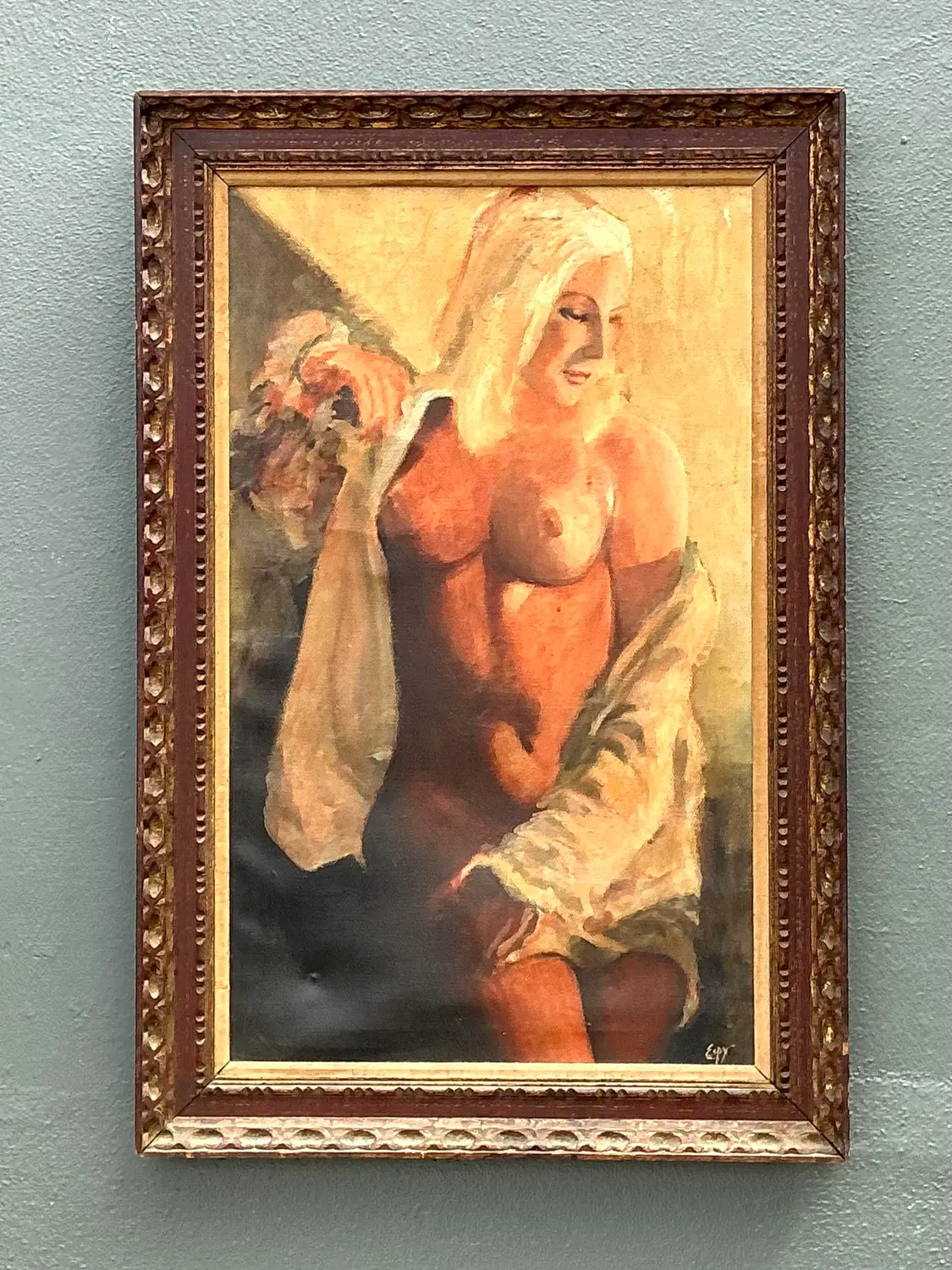 Vintage Original Nude Oil Portrait on Canvas - Detail view