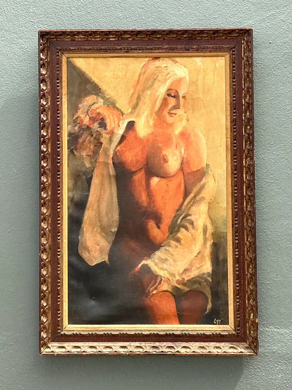 Vintage Original Nude Oil Portrait on Canvas - Side view