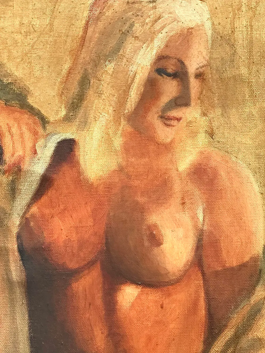 Vintage Original Nude Oil Portrait on Canvas - Top view