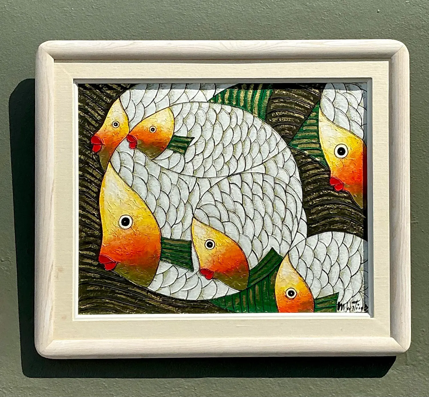 Vintage Original School of Fish Oil Painting on Canvas - Back view