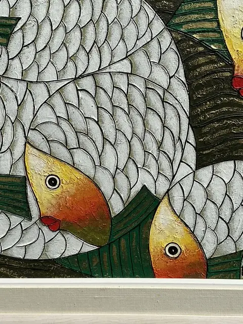 Vintage Original School of Fish Oil Painting on Canvas - Top view