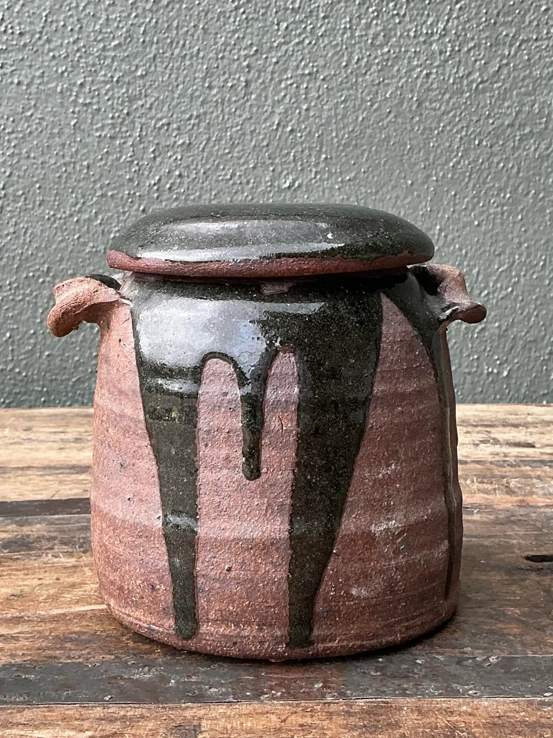 Vintage Original Studio Pottery Drip Glaze Lidded Jar - Side view