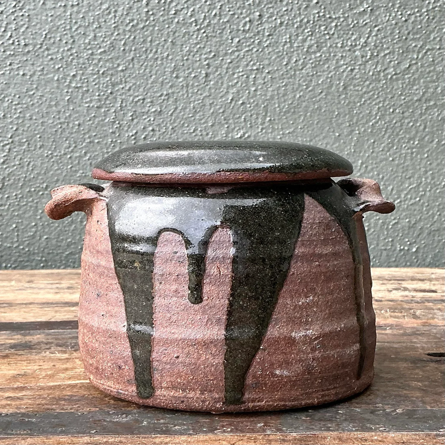 Vintage Original Studio Pottery Drip Glaze Lidded Jar - Back view