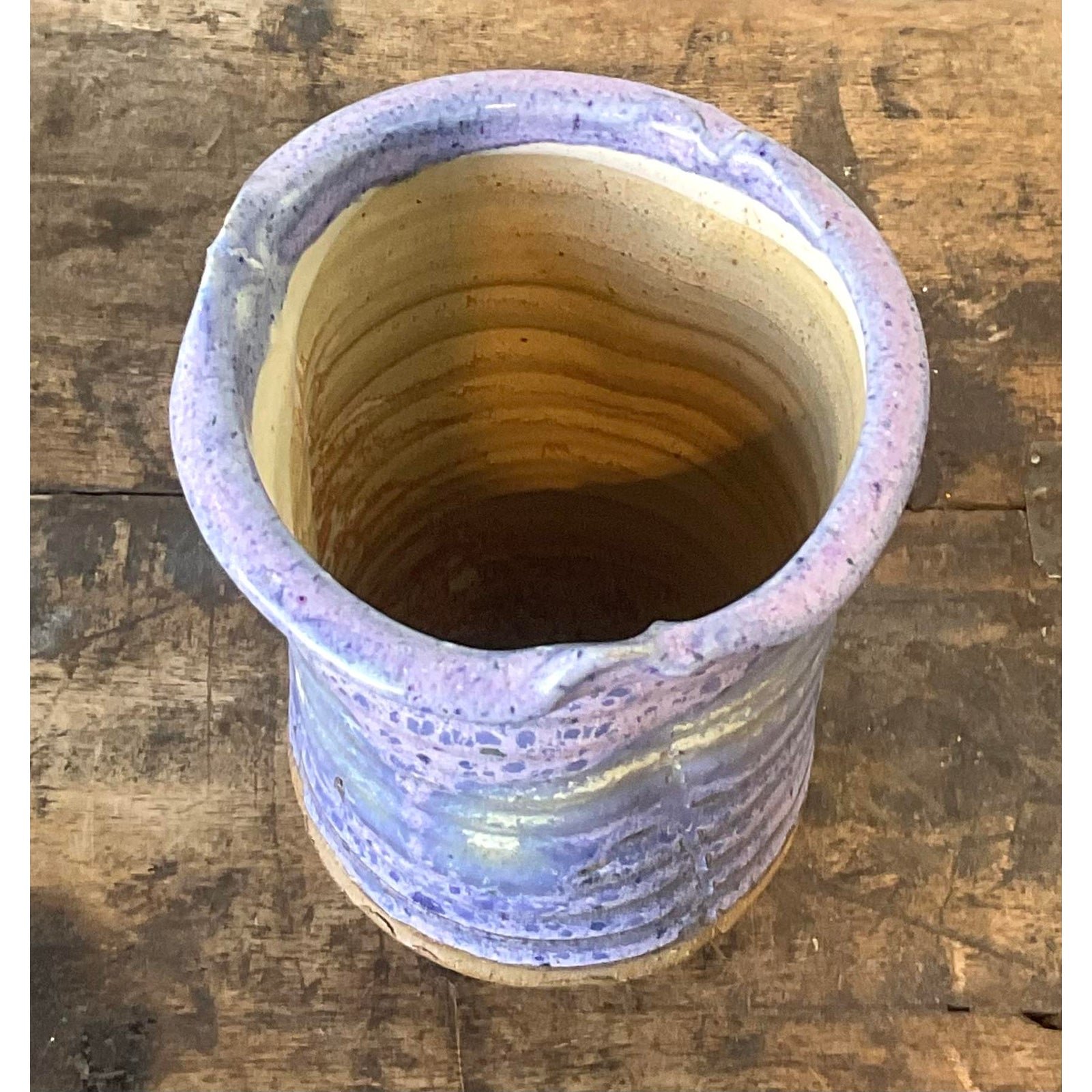 Vintage Original Studio Pottery Drip Glaze Vase - Stoneware, 4W x 5.5H - Top view