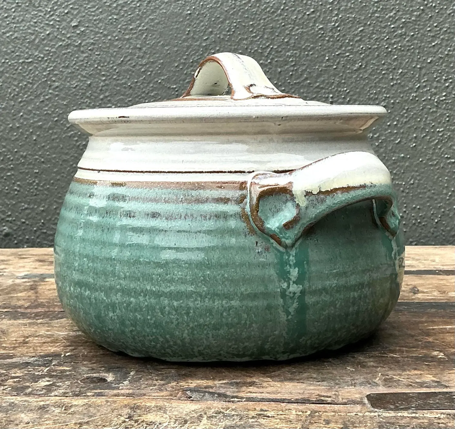 Vintage Original Studio Pottery Lidded Bowl - Pottery, 9.25W x 6H - Side view