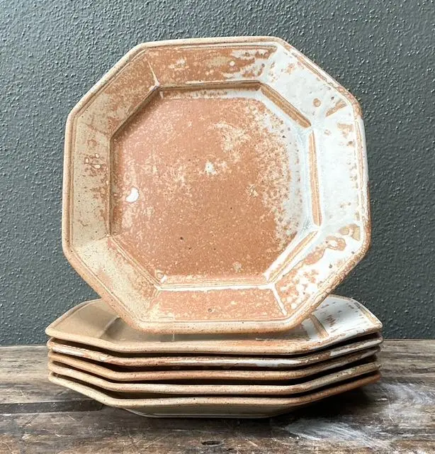 Vintage Original Studio Pottery Octagon Dinner Plates - Set of 6 - Side view
